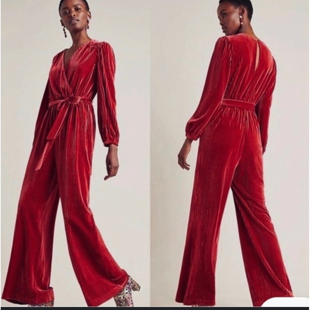 ALI & Jay Samantha Burgundy Velvet Plunge Surplice Neck Wide Leg Jumpsuit XS